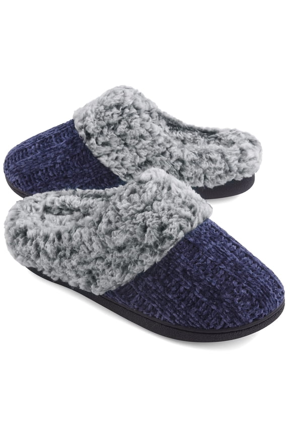 Women's House Slippers Memory Foam Fuzzy Slip on Slide Slippers Ladies Soft Bedroom Shoes for Indoor & Outdoor, Navy Blue, Size 9-10