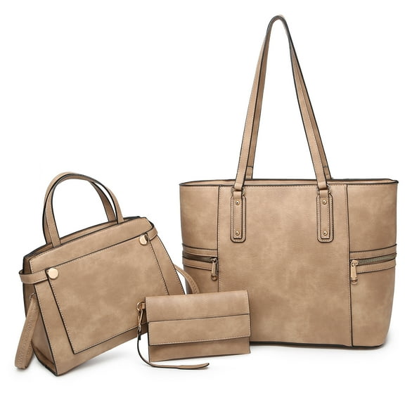 VANSARTO Women's Vegan Leather Tote Handbag Set, Beige, 3-Piece