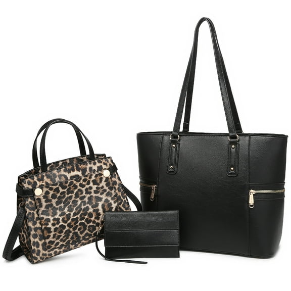VANSARTO Women's Vegan Leather Tote Handbag Set, Black/Leopard, 3 Piece