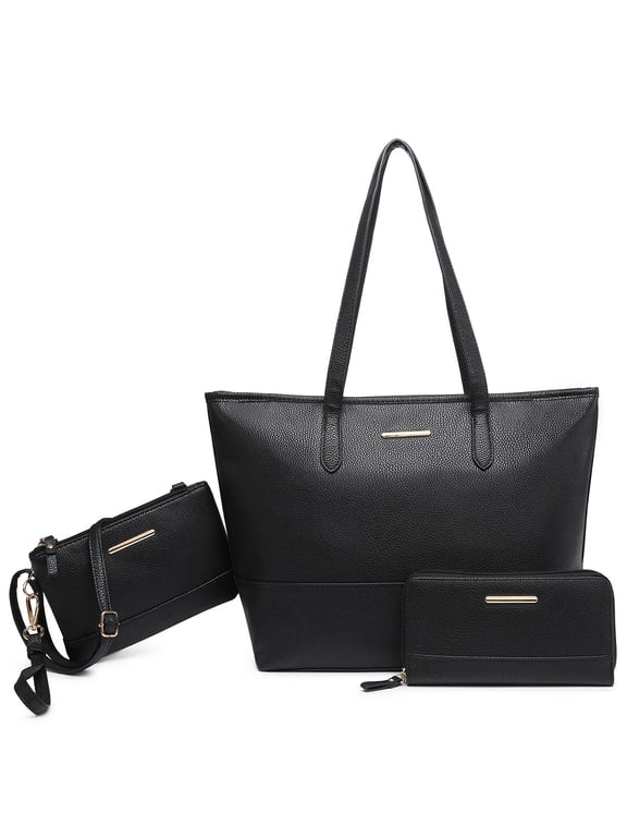 Women's Large Handbags Work Tote Vegan Leather Satchel Bag 3 Pcs Purse with Wallet, Black