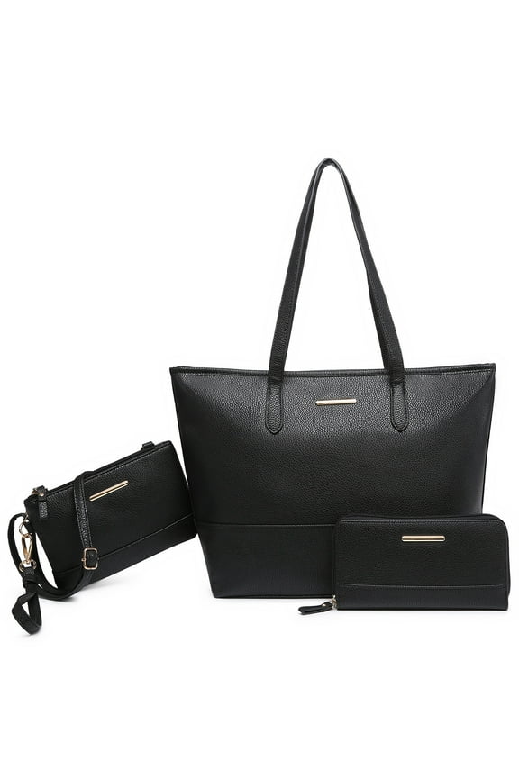Women's Large Handbags Work Tote Vegan Leather Satchel Bag 3 Pcs Purse with Wallet, Black