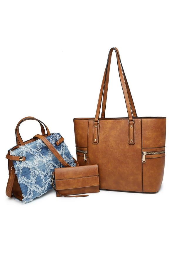 Women's Large Handbags Work Tote Vegan Leather Satchel Bag 3 Pcs Purse with Wallet, Brown/Denim