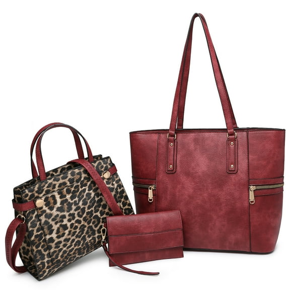 VANSARTO Women's Large Handbags Work Tote Vegan Leather Satchel Bag 3 Pcs Purse with Wallet, Burgundy/Leopard