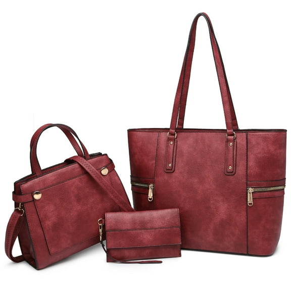 VANSARTO Women's Vegan Leather Tote Handbag Set, Burgundy, 3 Piece