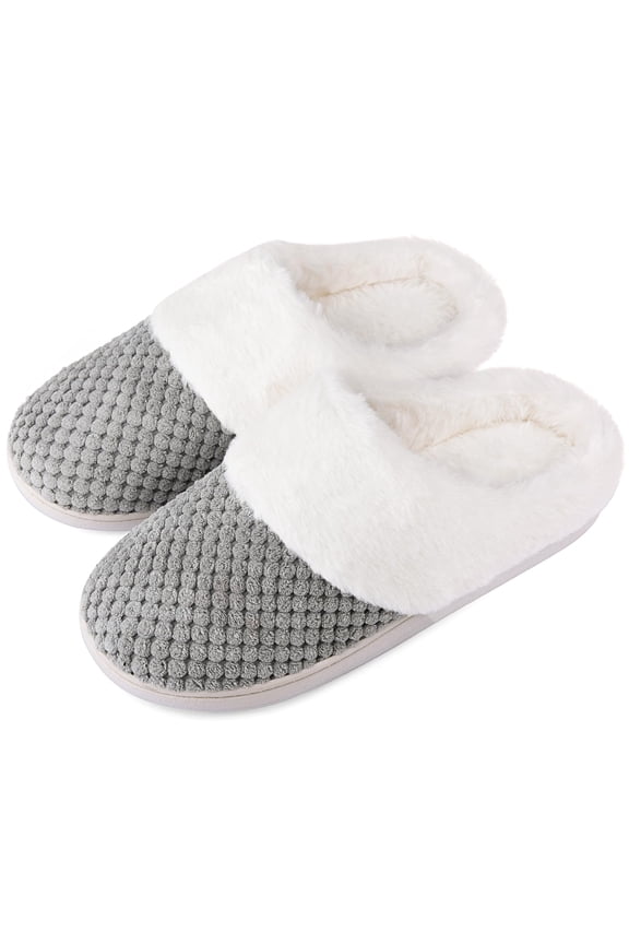 Women's Slip on Fuzzy House Slippers Comfy Coral Velvet, Plush Faux Fur Soft Bedroom Shoes with Memory Foam, Grey, Size 7-8