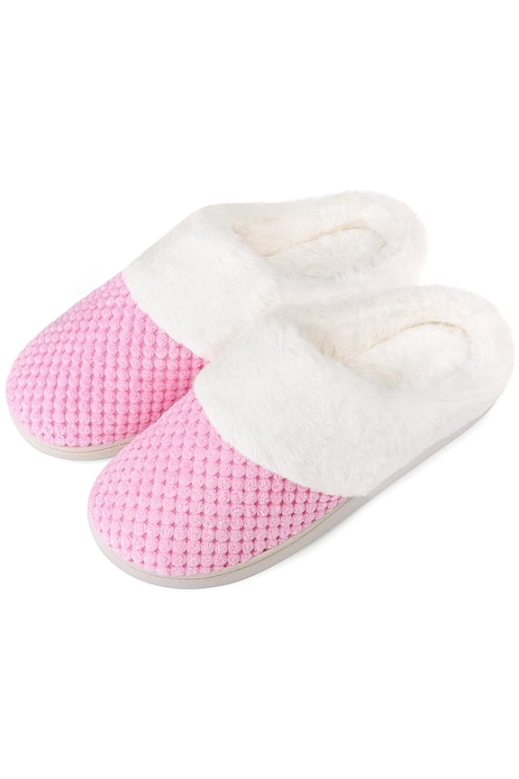 Women's Slip on Fuzzy House Slippers Comfy Coral Velvet, Plush Faux Fur Soft Bedroom Shoes with Memory Foam, Pink, Size 7-8