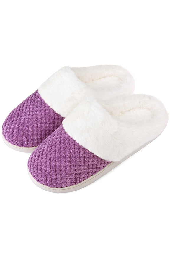 Women's Slip on Fuzzy House Slippers Comfy Coral Velvet, Plush Faux Fur Soft Bedroom Shoes with Memory Foam, Purple, Size 7-8