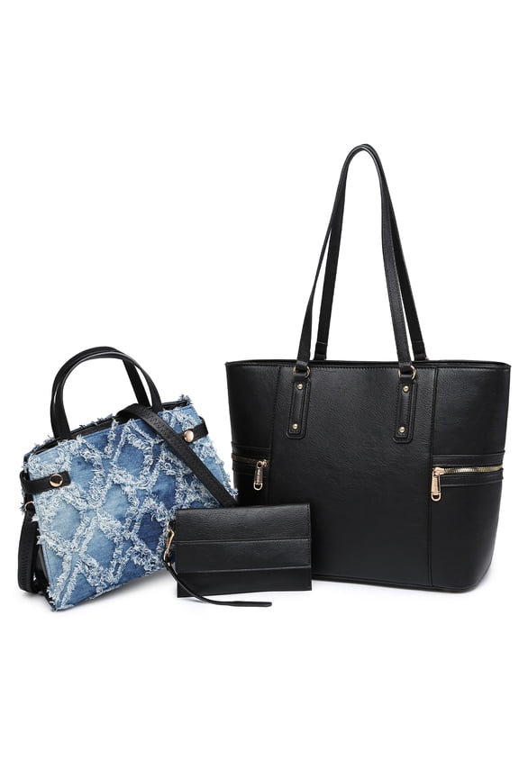 Women's Vegan Leather Leopard Tote Handbag, Black, 3-Piece