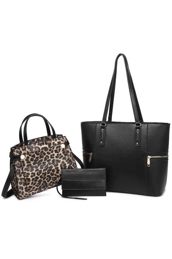 Women's Vegan Leather Tote Handbag Set, Black/Leopard, 3 Piece