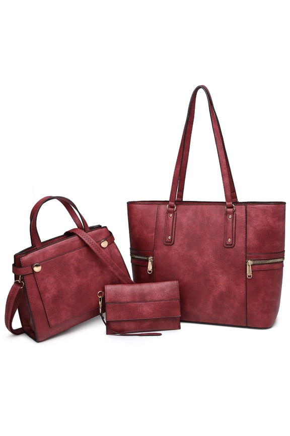 Women's Vegan Leather Tote Handbag Set, Burgundy, 3 Piece