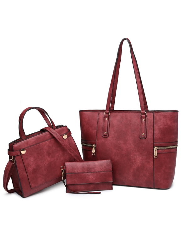 Women's Vegan Leather Tote Handbag Set, Burgundy, 3 Piece