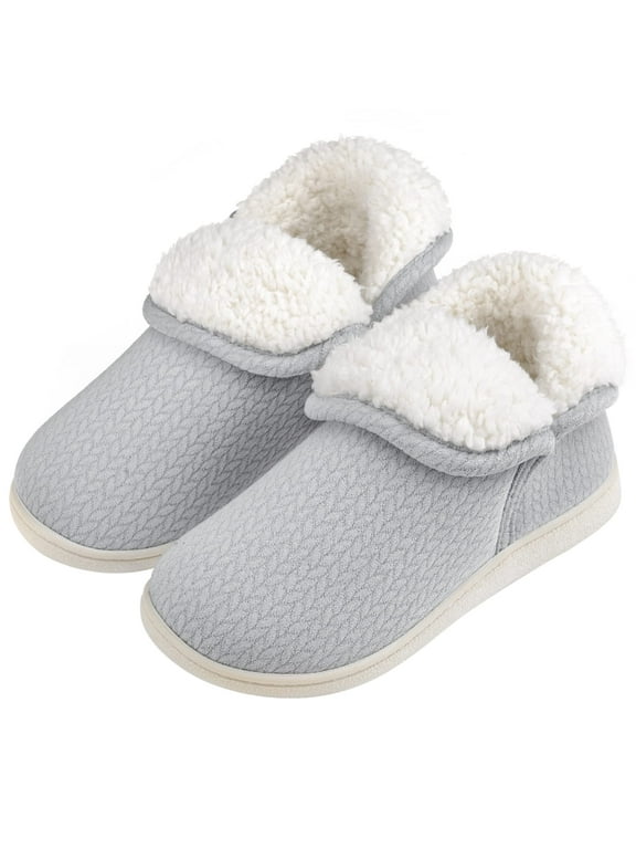 Womens Warm Bootie Slippers Comfy Memory Foam Plush Fleece Winter Indoor House Shoes, Light Grey, Size 9