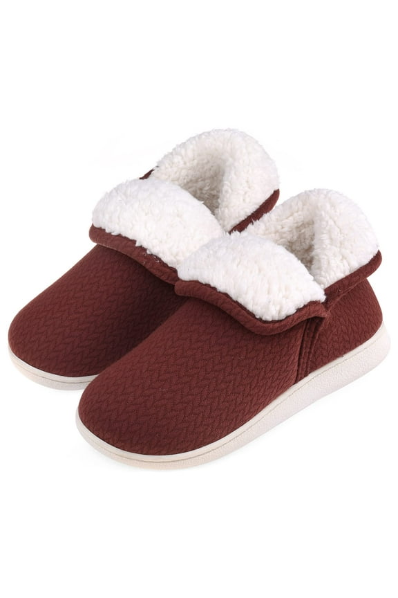 Womens Warm Bootie Slippers Comfy Memory Foam Plush Fleece Winter Indoor House Shoes, Red, Size 5