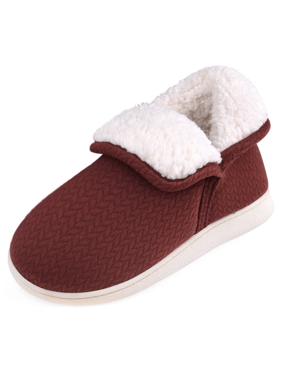 Womens Warm Bootie Slippers Comfy Memory Foam Plush Fleece Winter Indoor House Shoes, Red, Size 7