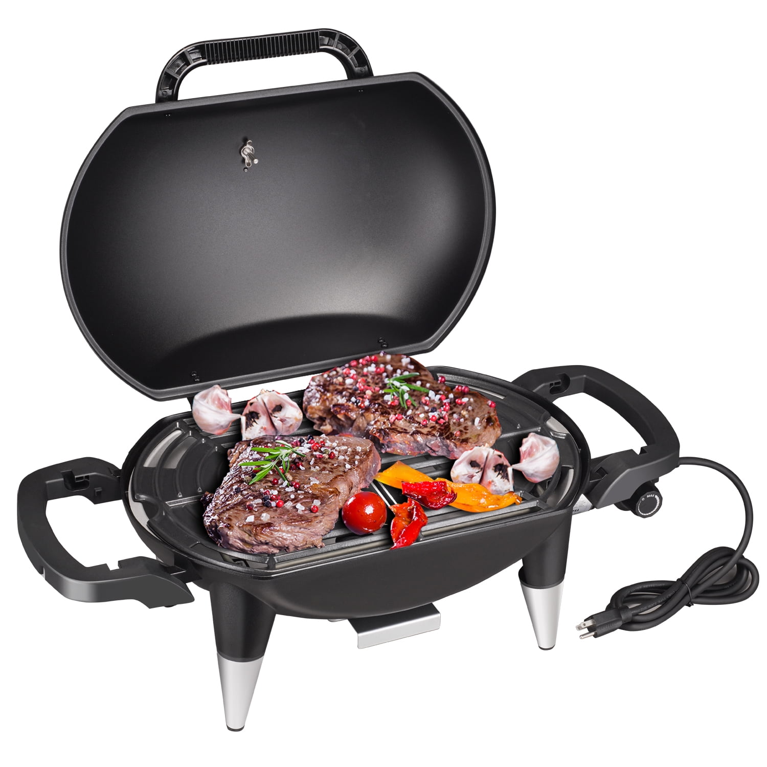 VANSTON Indoor/Outdoor Electric Grill, 1500W Electric Barbecue Grill & Smoker, Black with Built-In Thermometer