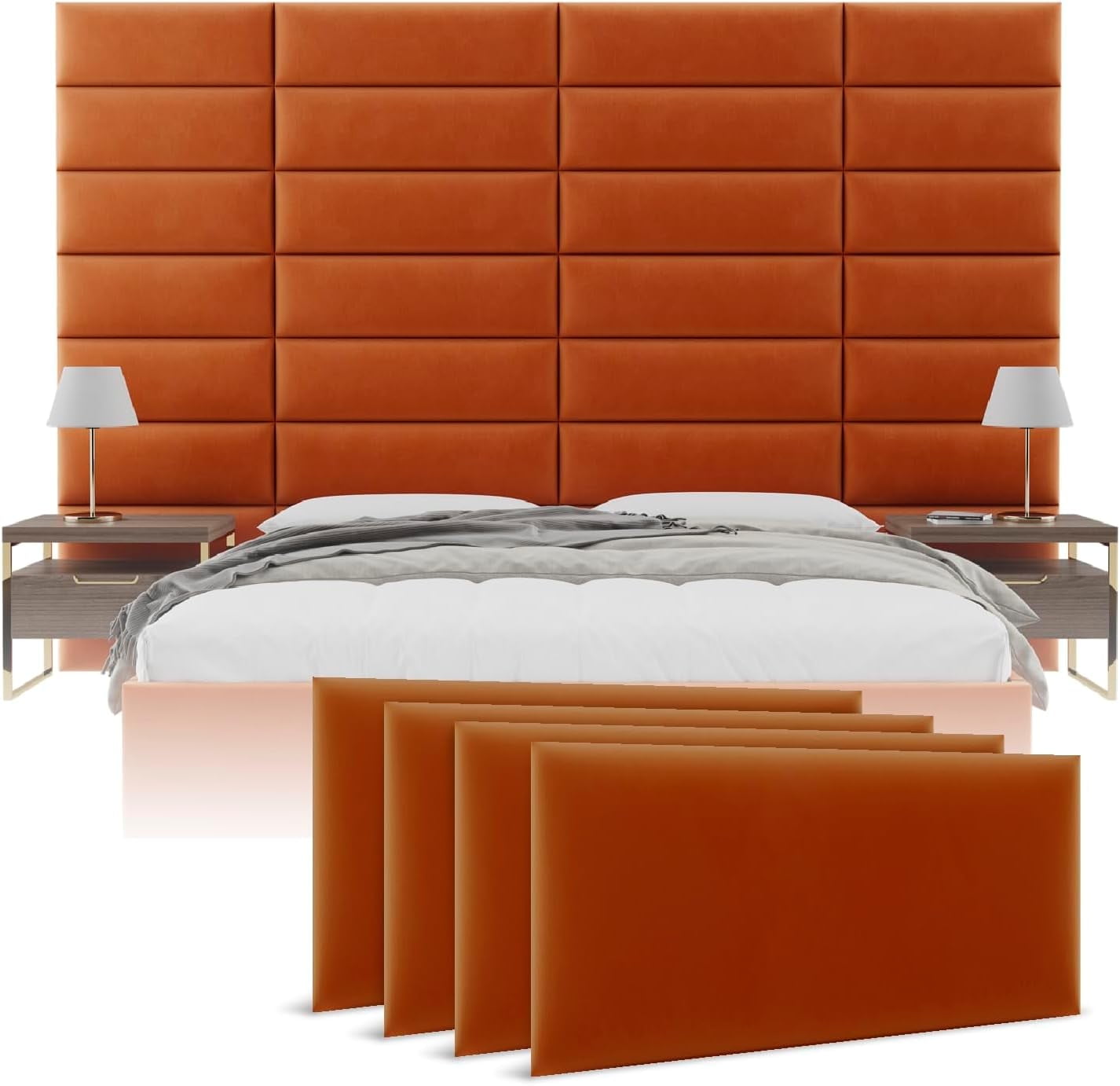 King Size Rust Velvet Tufted Floating Upholstered Headboard Panels