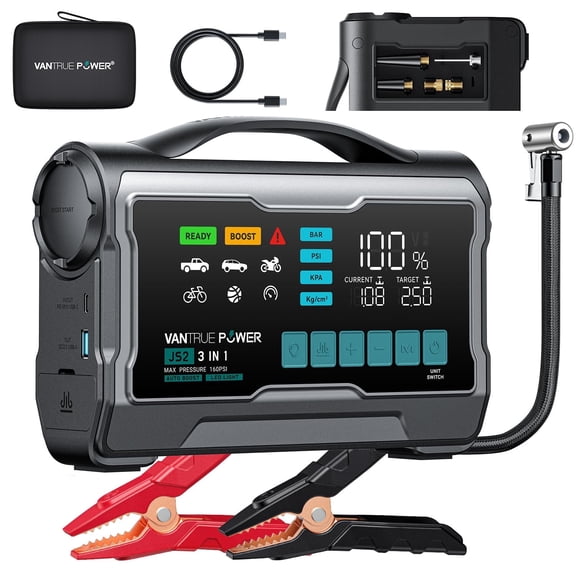 VANTRUE POWER JS2 2500A Jump Starter with 160PSI Air Compressor, 12V Car Battery Booster with 9" Large Display, 65W Charging Power Bank, Nozzles Storage Compartment- for 8L Gas/7L Diesel Engines