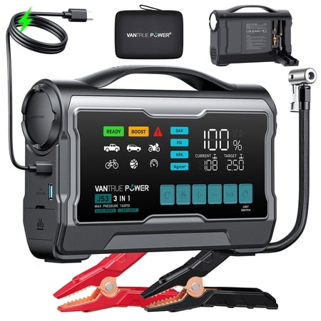 VANTRUE POWER JS3 3250A Jump Starter with 160PSI Air Compressor, 12V Car Battery Booster with 9" Large Display, 65W Fast Charging Power Bank, 400 Lumens LED Light - for 10L Gas/8L Diesel Engines