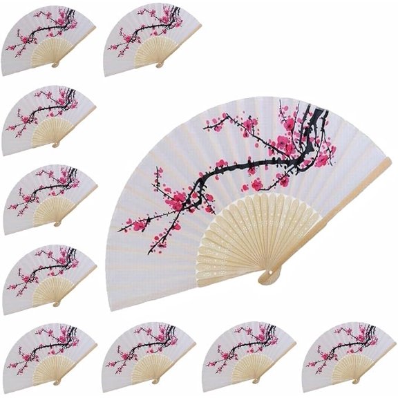 VANVENE 10 pcs Delicate Cherry Blossom Design Silk Folding Hand Fan Wedding Favors Gifts Japanese Party