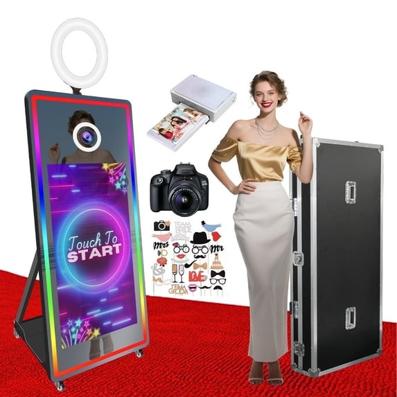 VANYA 43 inch Magic Mirror Photo Booth Portable Touch Screen Mirror Photo Booth Machine with Ring Light for Weddings (Full Set, Black Machine)