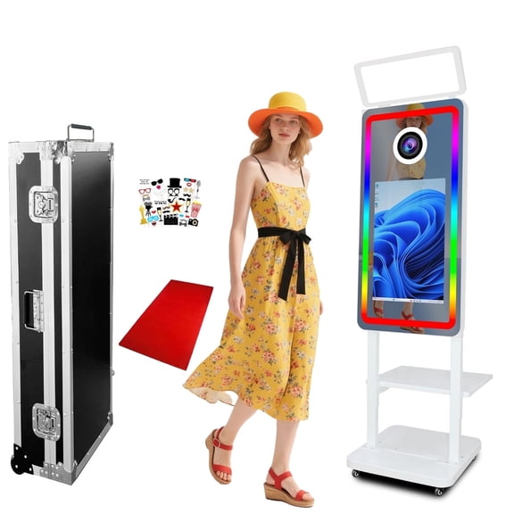 VANYA Magic Mirror Photo Booth 21.5’’ Interactive Touch Screen Photobooth with Square Light for Weddings (21.5 Inch Photo Booth Machine, White Machine)