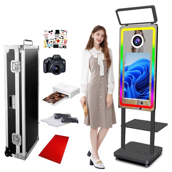 VANYA Magic Mirror Photo Booth 21.5’’ Interactive Touch Screen photobooth with square Light for weddings (Full Set, Black Machine)