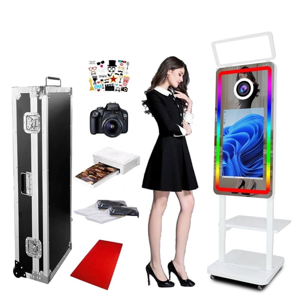 VANYA Magic Mirror Photo Booth 21.5’’ Interactive Touch Screen photobooth with square Light for weddings(Full Set, White Machine)