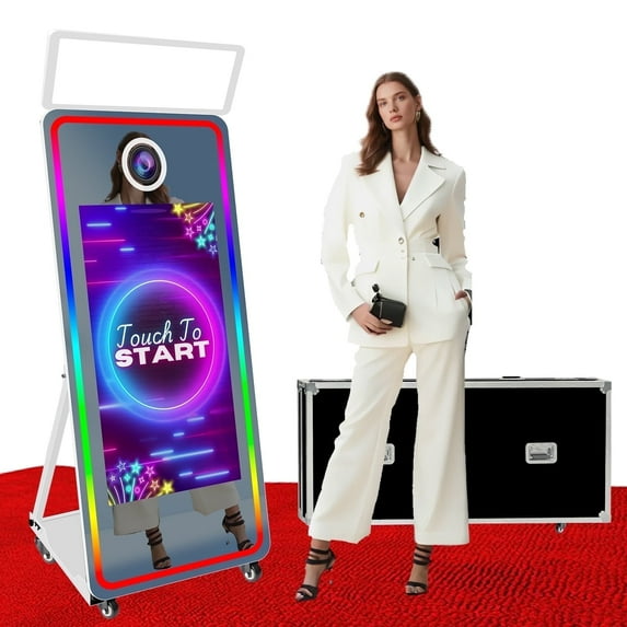 VANYA Magic Mirror Photo Booth 65’’ Mirror Photo Booth 43’’ Interactive Touch Screen photobooth with square Light for weddings (43 Inch Photo Booth Machine, White Machine)