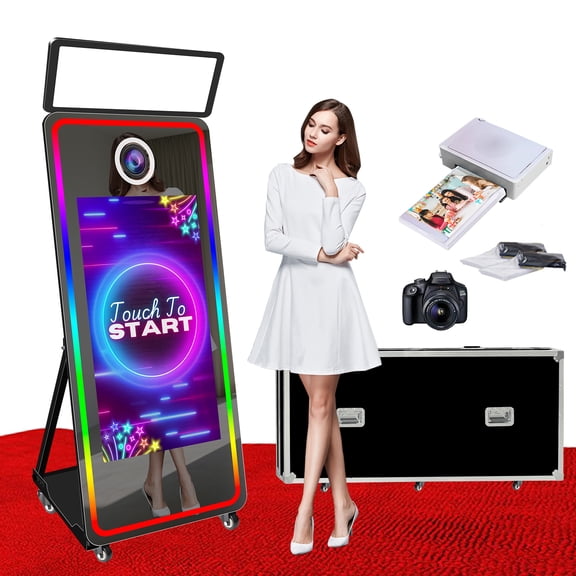 VANYA Magic Mirror Photo Booth 65’’ Mirror Photo Booth 43’’ Interactive Touch Screen Photobooth with Square Light for weddings (Full Set, Black Machine)