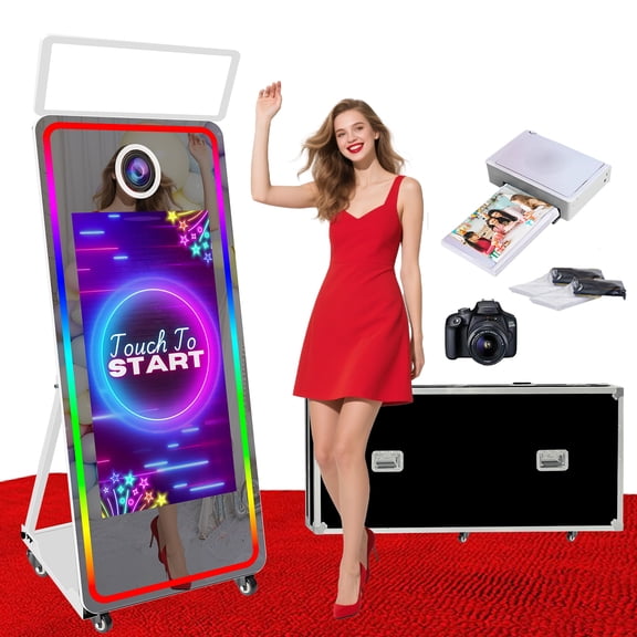 VANYA Magic Mirror Photo Booth 65’’ Mirror Photo Booth 43’’ Interactive Touch Screen Photobooth with Square Light for Weddings(Full Set, White Machine)