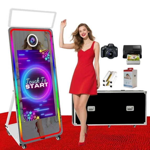 VANYA Magic Mirror Photo Booth 65’’ Mirror Photo Booth 43’’ Interactive Touch Screen Photobooth with Square Light for Weddings(Full Set, White Machine)