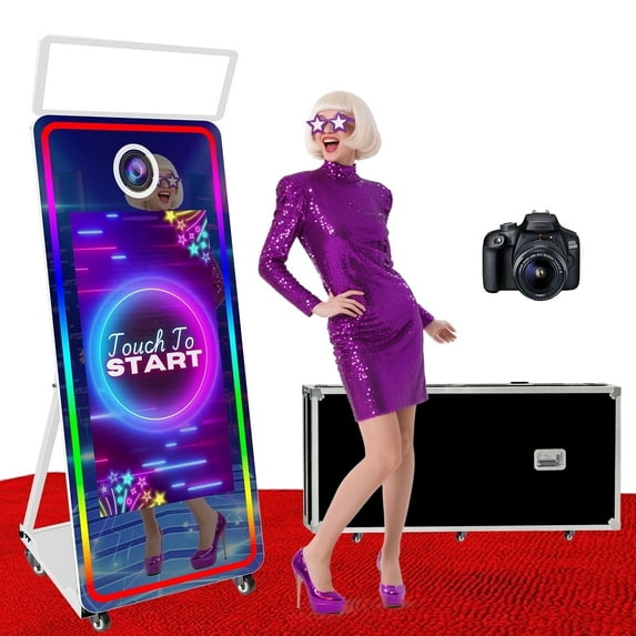 VANYA Magic Mirror Photo Booth 65’’ Mirror Photo Booth 43’’ Interactive Touch Screen photobooth with square Light for weddings(Photo Booth +Camera, White Machine)