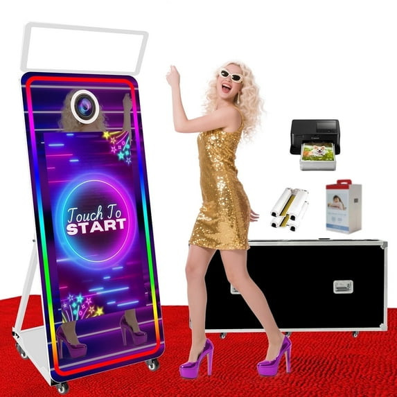 VANYA Magic Mirror Photo Booth 65’’ Mirror Photo Booth 43’’ Interactive Touch Screen photobooth with square Light for weddings(Photo Booth +Printer, White Machine)