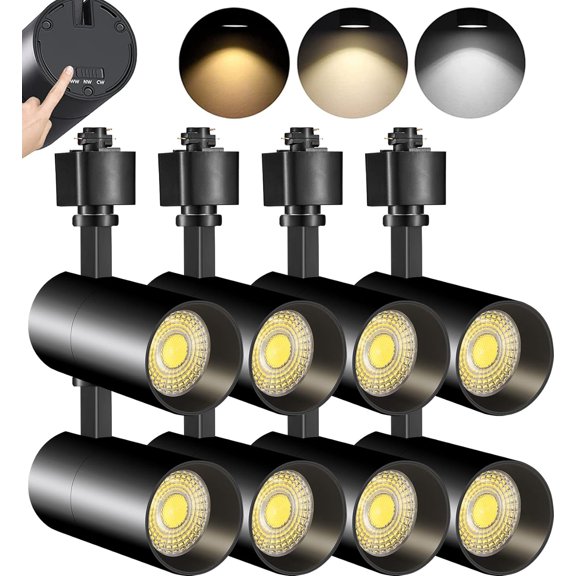 VANoopee 3-Color 10W H Track Lighting Heads Dimmable LED Track Light Heads Bright Rail Ceiling Spotlight Fixtures Accent Task, 3000K 4000K 5000K, Flicker Free CRI90+ 36 1000lm, Matte Black, Pack of 8