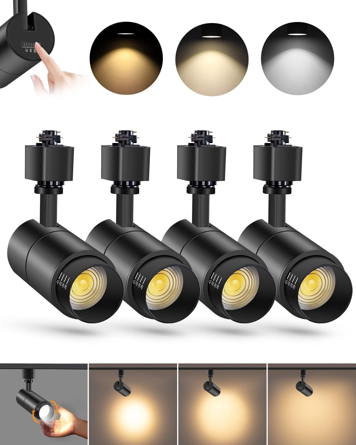 VANoopee 3-Color Zoomable 10W LED Track Lighting Heads H Type Track Light Heads Dimmable Bright Ceiling Spotlight Fixtures Accent Art, 3000K 4000K 5000K Adjustable, CRI90+ 15°-60° 1000lm Black 4 Pack