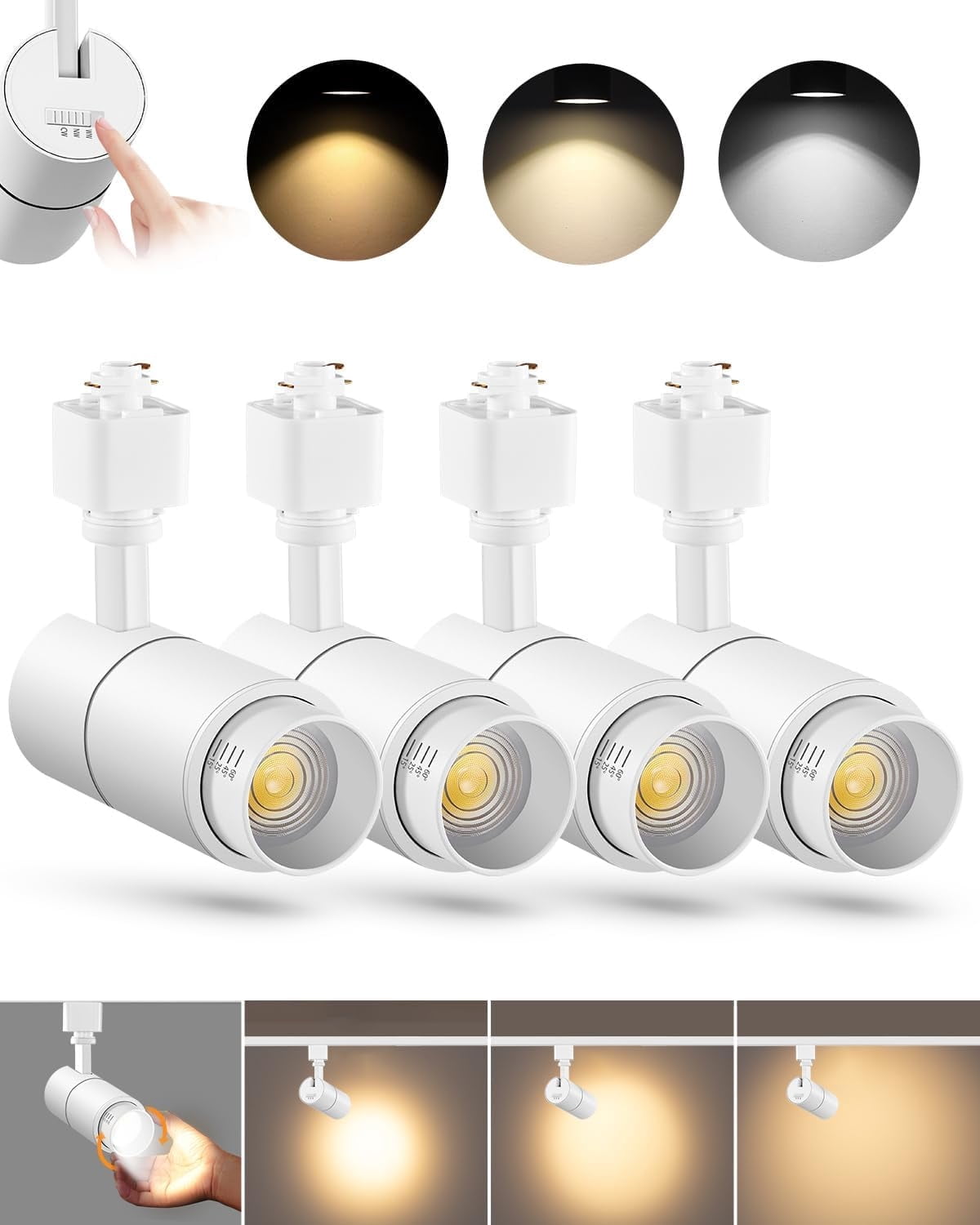 VANoopee 3-Color Zoomable 10W LED Track Lighting Heads H Type Track Light Heads Dimmable Bright Ceiling Spotlight Fixtures Accent Art, 3000K 4000K 5000K Adjustable, CRI90+ 15°-60° 1000lm White 4 Pack