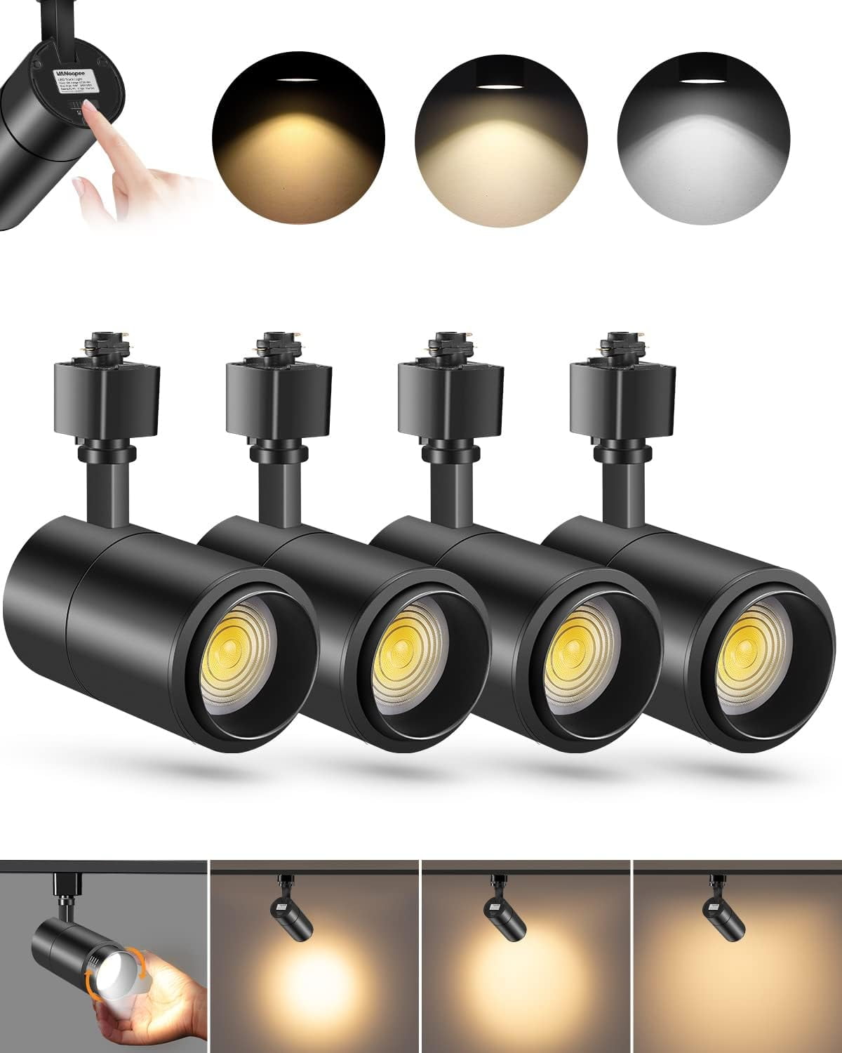 VANoopee 3-Color Zoomable 20W LED Track Lighting Heads H Type Track Light Heads Dimmable Bright Ceiling Spotlight Fixtures for Kitchen, 3000K 4000K 5000K Adjustable, CRI90+ 15°-60° 2000lm Black 4 Pack