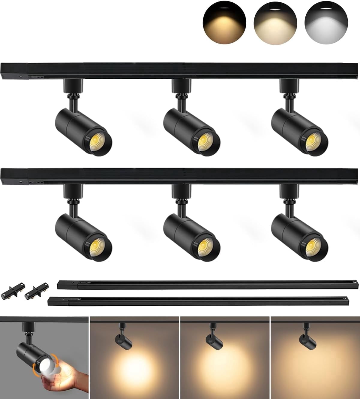 VANoopee 3-Color Zoomable 6 Light LED Track Lighting Kit with 6.6FT H Type Track Lighting Rail, Dimmable Modern Kitchen Track Lighting Fixtures Ceiling Spotlight 10W 1000lm Black