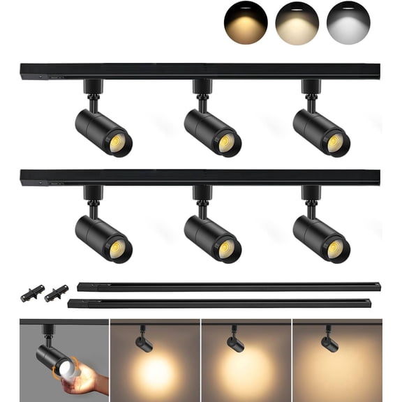 VANoopee 3-Color Zoomable 6 Light LED Track Lighting Kit with 6.6FT H Type Track Lighting Rail, Dimmable Modern Kitchen Track Lighting Fixtures Ceiling Spotlight 10W 1000lm Black