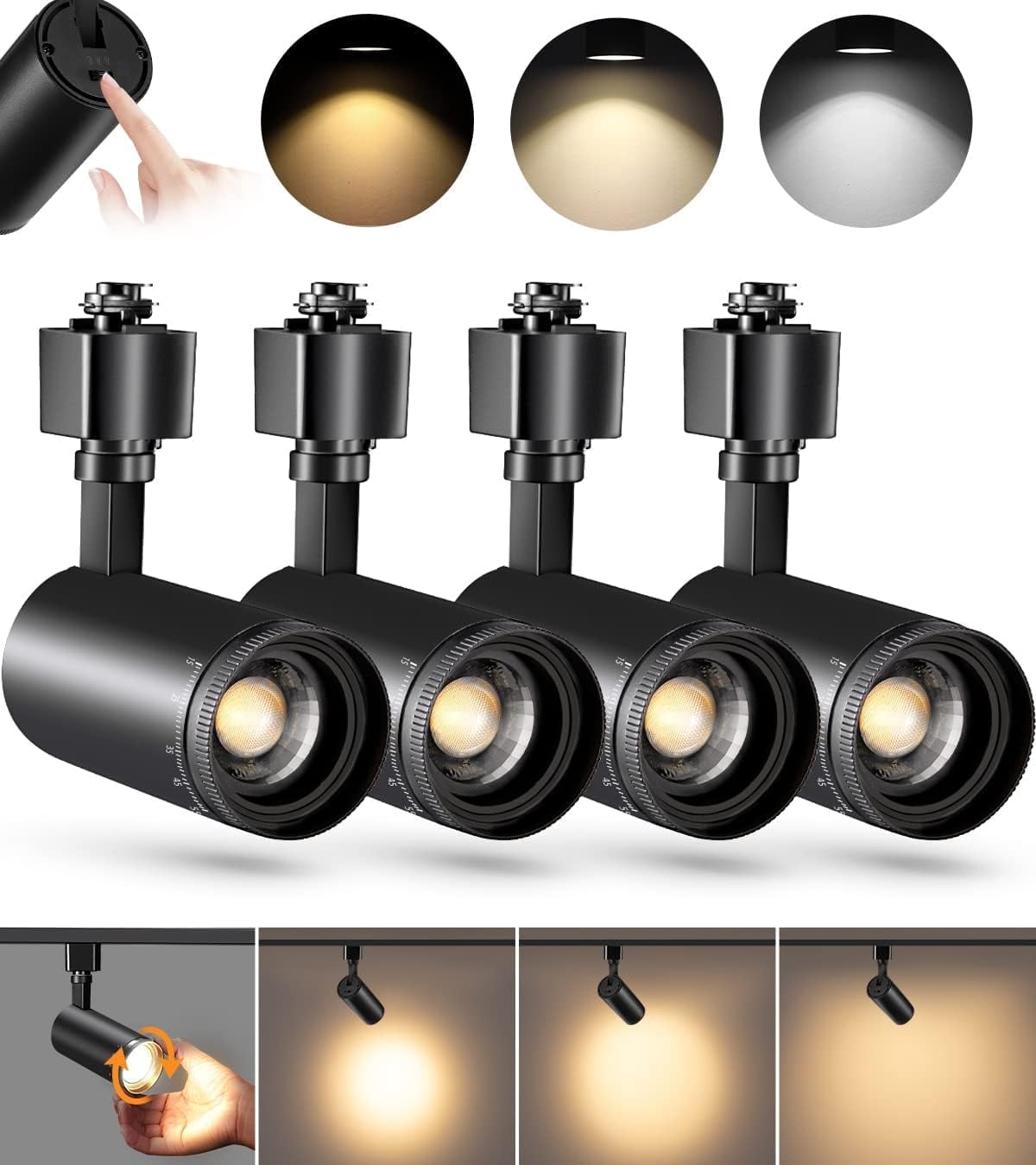 VANoopee 3-Color Zoomable LED Track Lighting Heads H Type Track Light Heads Bright Spotlight Fixtures for Kitchen, 3000K 4000K 5000K Adjustable, 15°-55°, CRI90+ 10W Black - 4 Pack(Not Dimmable)