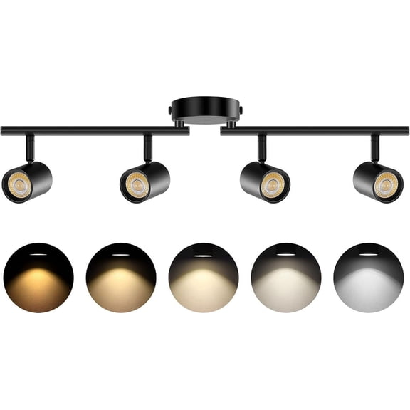 VANoopee 5-Color 4 Light LED Track Lighting Fixtures Ceiling for Kitchen, Dimmable Track Lighting Kit, Ceiling Spotlight Flush Mount Adjustable Directional Spot Lights Indoor, Black CRI90 2400lm 30W