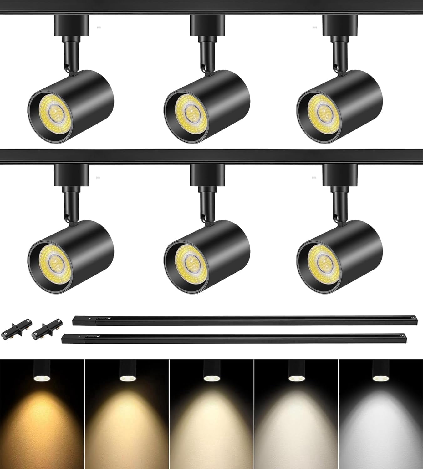 VANoopee 5-Color 6-Light LED Track Lighting Kit with 6.6FT H Type Track Lighting Rail, LED Track Light Heads Dimmable Modern Kitchen Track Lighting Fixtures Ceiling Spotlight, CRI90+ 10W 800lm Black