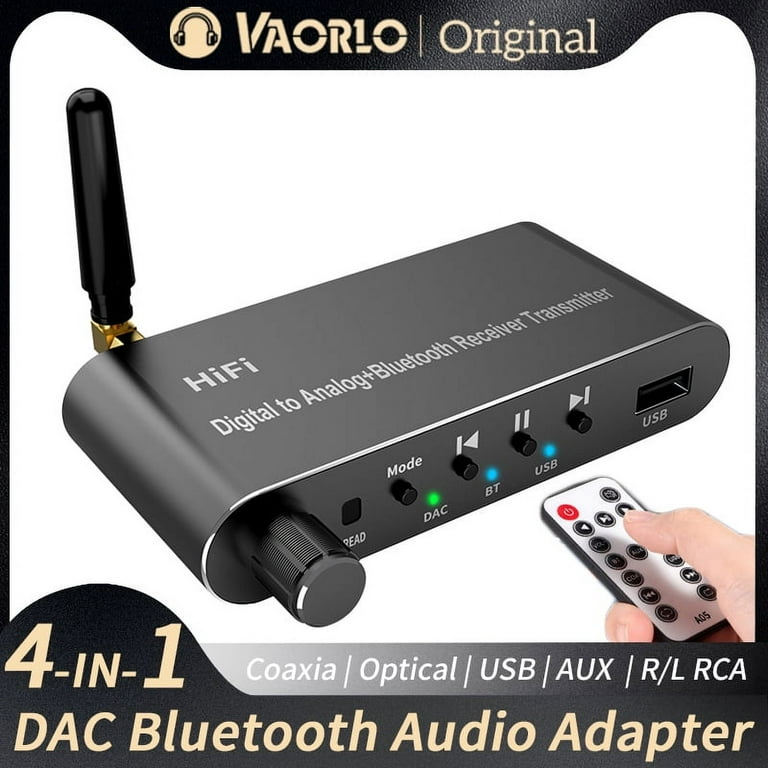 VAORLO 4 IN 1 DAC Bluetooth 5.1 Receiver Transmitter USB 3.5MM AUX R L RCA Optical Coaxial U Disk Wireless Audio Adapter Digital to Analog Audio Converter With Remote Control For TV PC Car Amplifier