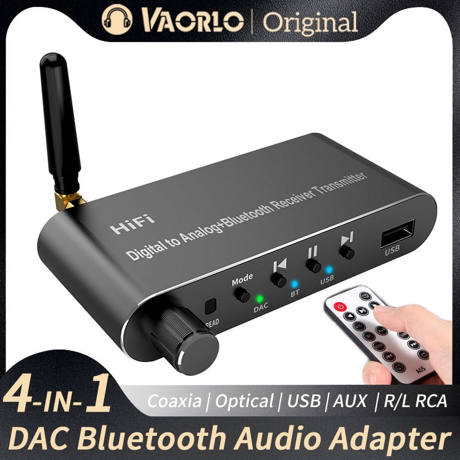 VAORLO 4-IN-1 DAC Bluetooth 5.1 Receiver Transmitter USB 3.5MM AUX R/L RCA Optical Coaxial U-Disk Wireless Audio Adapter Digital to Analog Audio Converter With Remote Control For TV PC Car Amplifier - image 1 of 8