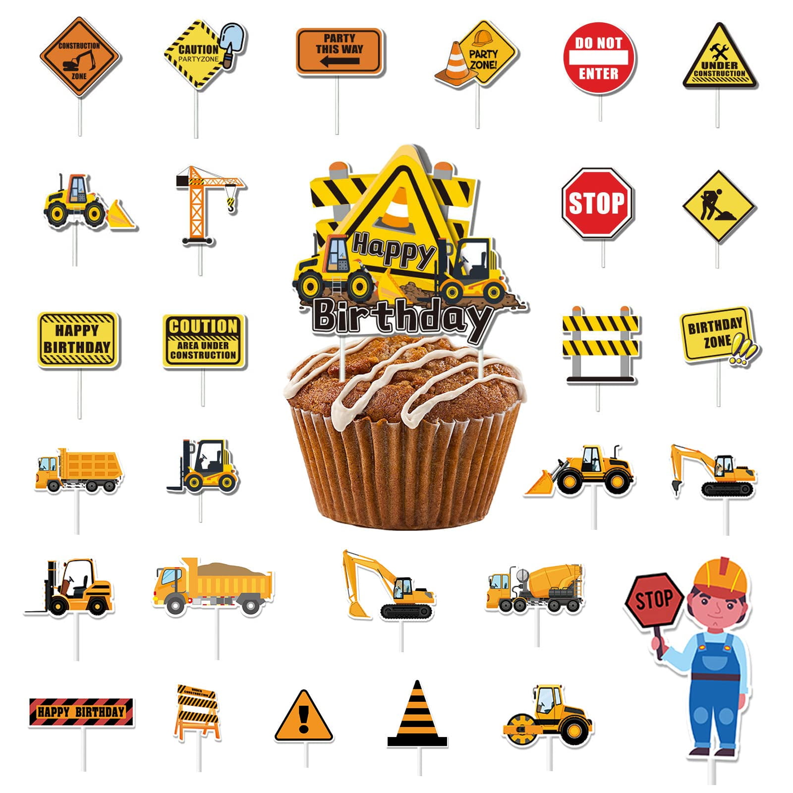 VARACL 29PCS Construction Cupcake Toppers, Stop Sign Dump Truck