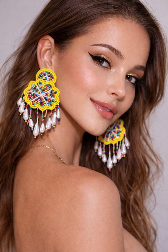 Beaded Earrings for Women - Glittery Seed Beads, Two-Tone Crochet Ball, Nickel-Free & Lead-Free