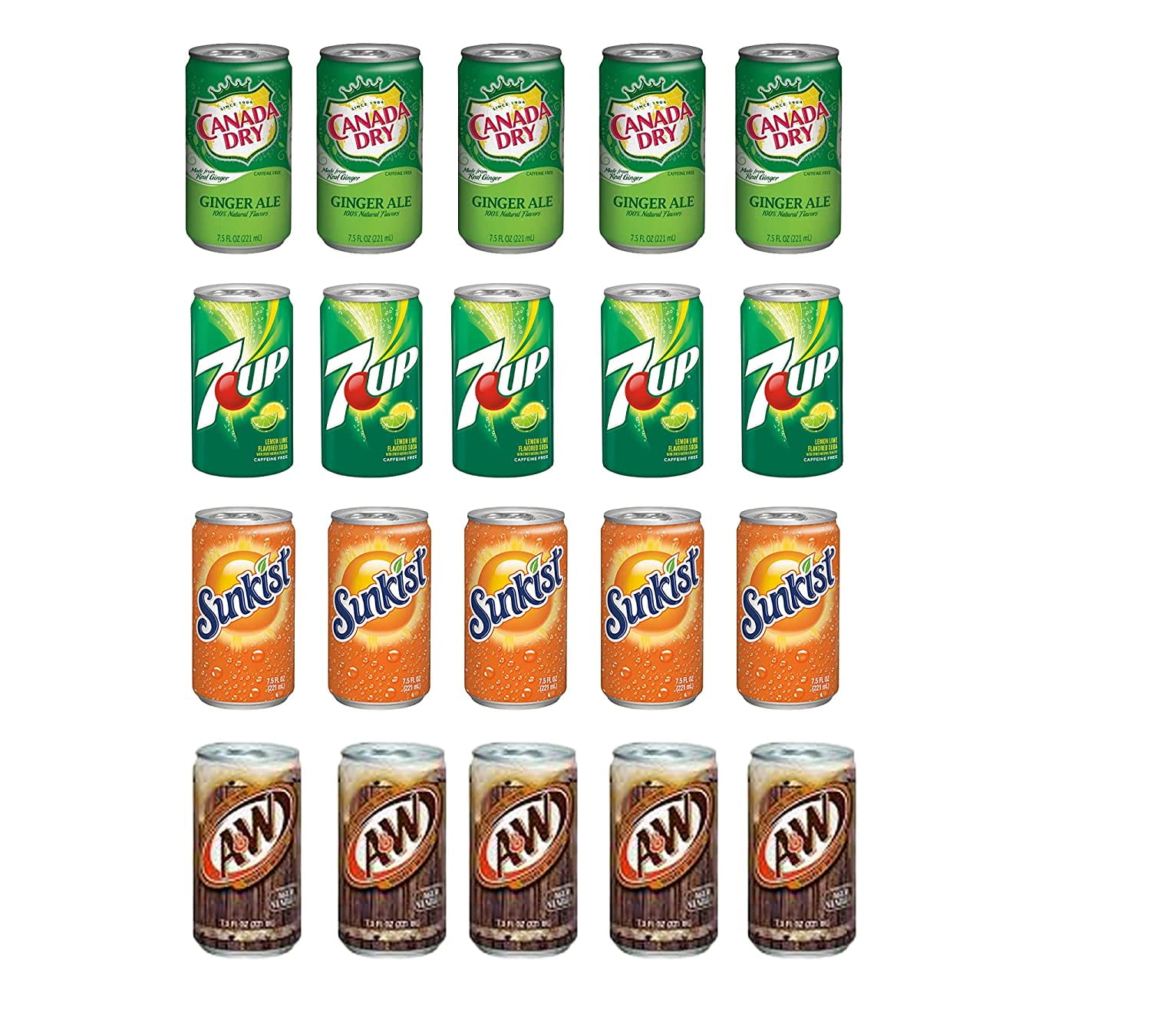 VARIETY 7.5 OZ , PACK OF 20 , CD GINGER ALE ,7UP , Sunkist