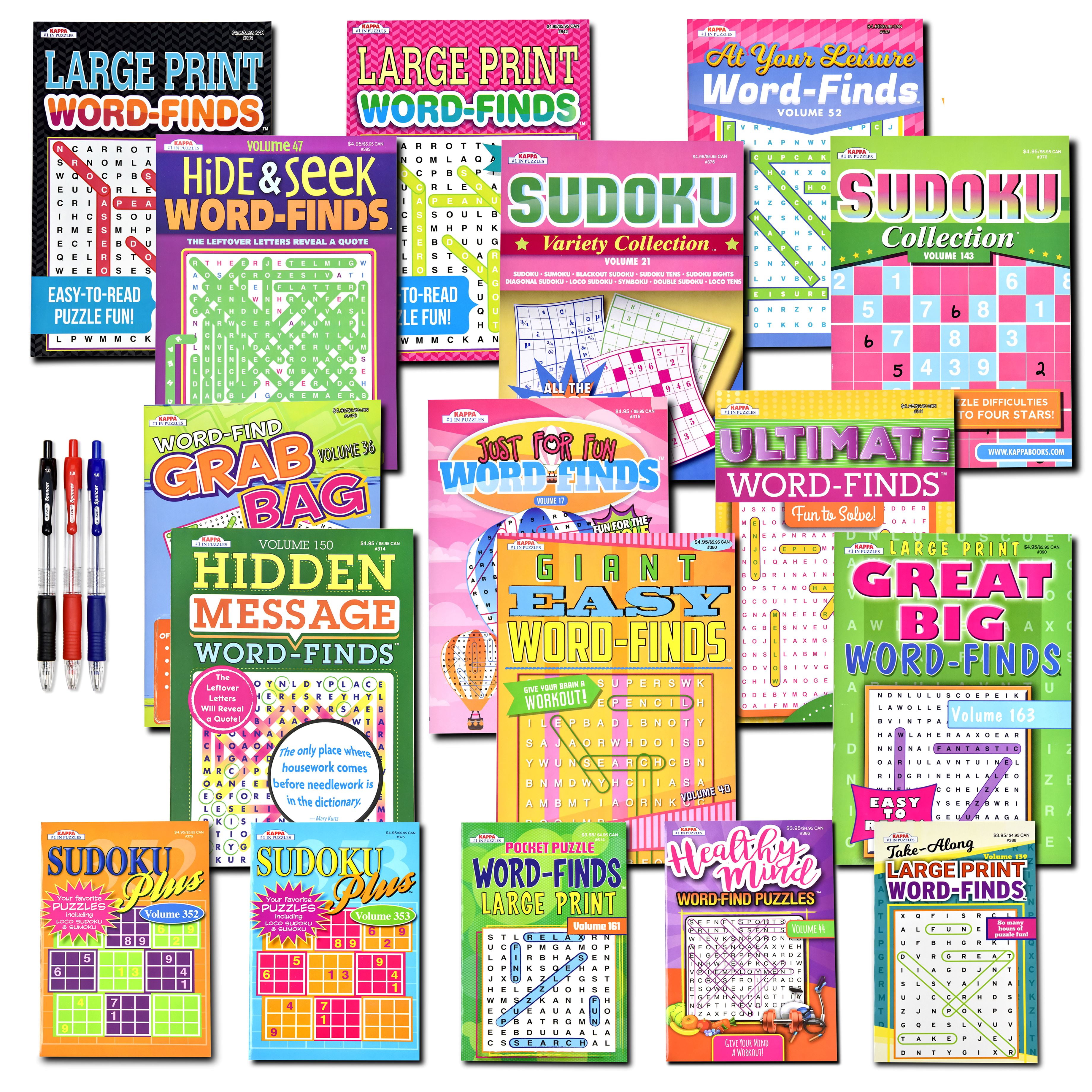 VARIETY SAVINGS 17-Pack 1400+ Sudoku Puzzles for Adults, Large WordSearch Puzzle for Adults, Aging Seniors Brain Stimulation Activity Books (Variety Pack Bulk) - Large 8x10 & Digest 5x8 Combo