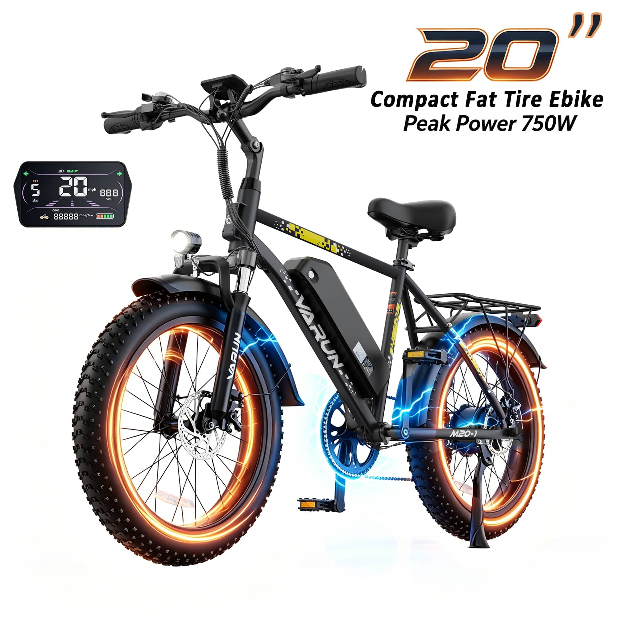VARUN Electric Bike, 20" Fat Tire EBike for Adults with Peak 750W 48V 624Wh Removable Battery, Electric Mountain Bike for Men & Women with Top 20MPH 60Miles,7 Speed, Rear Rack, UL2849