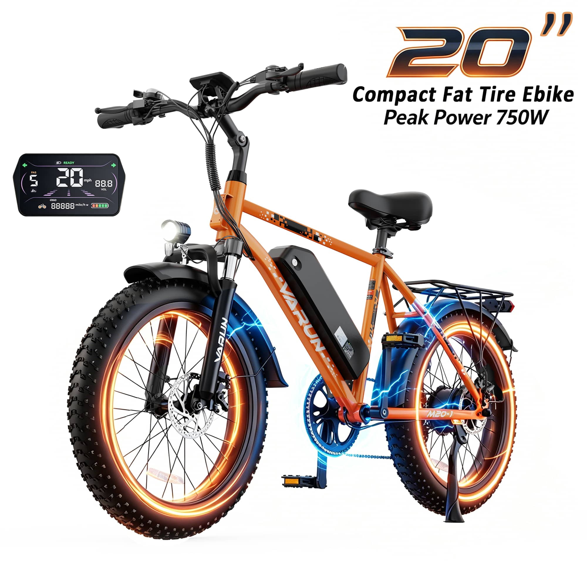 VARUN Electric Bike, 20" Fat Tire EBike for Adults with Peak 750W 48V 624Wh Removable Battery, Electric Mountain Bike for Men & Women with Top 20MPH 60Miles,7 Speed, Rear Rack, UL2849